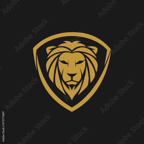Fototapeta Naklejka Na Ścianę i Meble -  Flat Logo Design of Gold Lion Head with Shield Concept vector illustration.