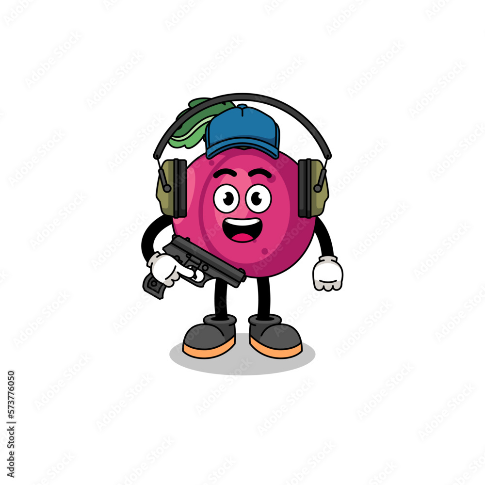 Character mascot of plum fruit doing shooting range Character mascot of plum fruit doing shooting range