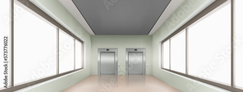 Realistic school corridor interior with windows. Hospital green hallway and closed double elevator. University lobby campus inside design. Indoor building medical area. Passageway with clean floor.