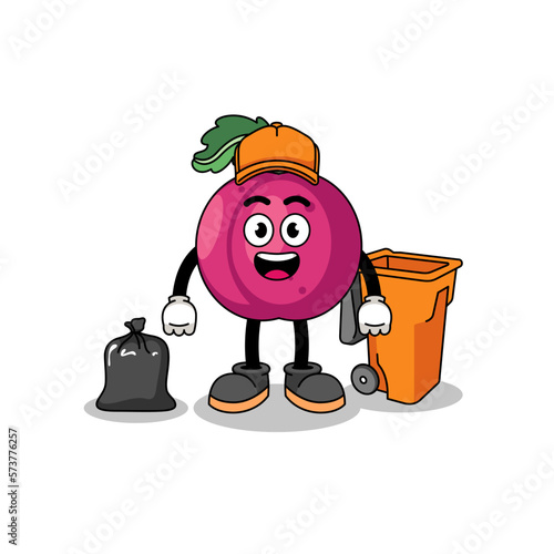 Illustration of plum fruit cartoon as a garbage collector