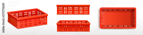 Vector set with red empty plastic crate front and side view. 3d vegetable box for grocery delivery. Reusable fruit storage in supermarket. Clean food container mockup for organizing warehouse. photo