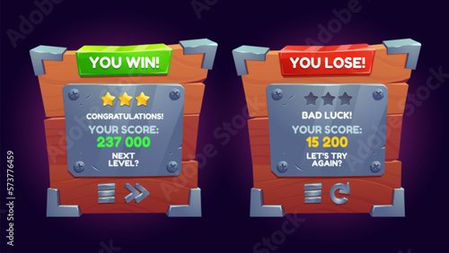 Win and lose ui game screen design, wooden winner panel with score and steel buttons. Cartoon mobile app popup menu template for level progress and congratulations. Player award asset kit. photo