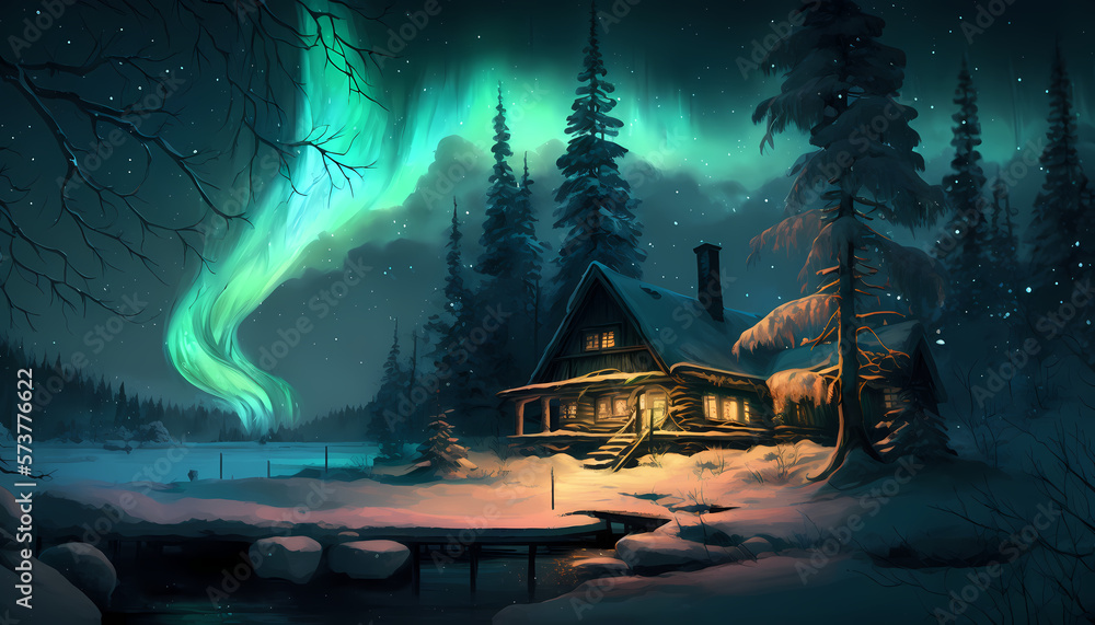 Painting of winter cabin illuminated by Northern lights