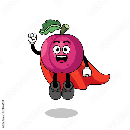 plum fruit cartoon with flying superhero