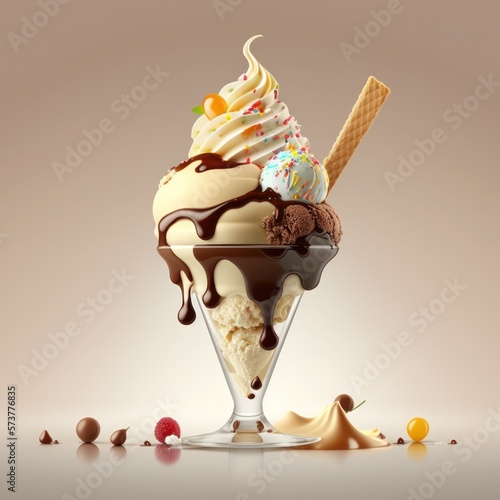 Delicioso e belo sundae sorvete gelado sobremesa, Delicious ice cream sundae with flake, GENERATIVE AI photo