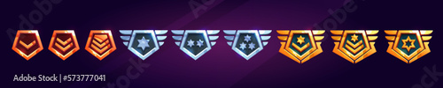 Military game rank icon vector set. Ui military badge medal. Gold, silver and bronze isolated medal award with stars for level achievement. Progress in fantasy app for rating army experience.