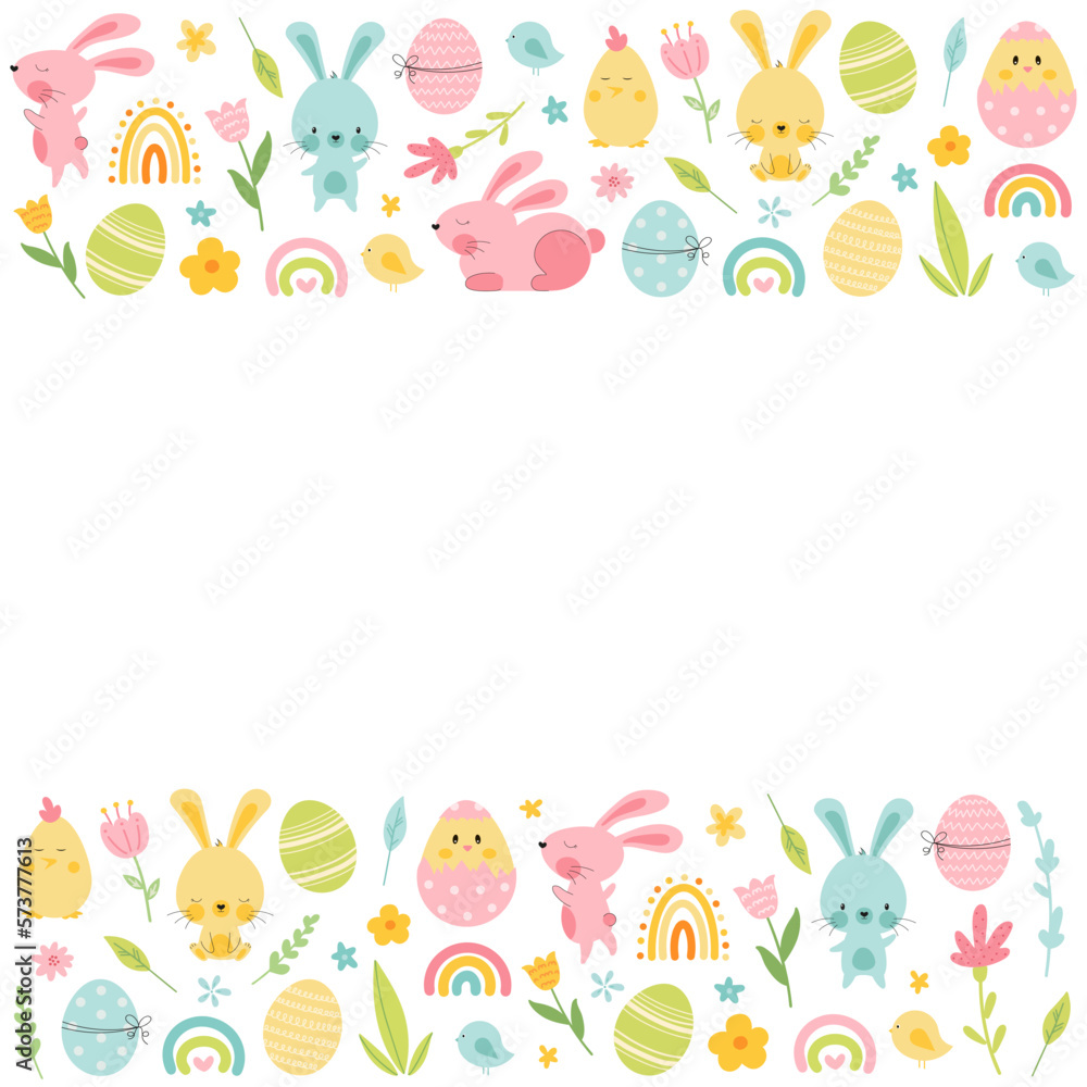 Easter border with bunny, eggs, rainbow, flowers