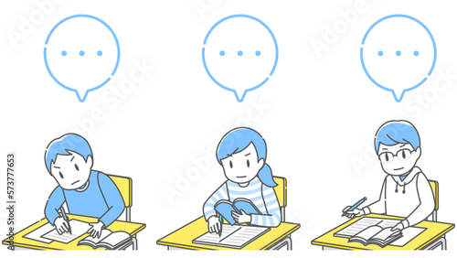 真剣に考える3人の子供とふきだし（ふきだしは未アウトライン化で加工可）