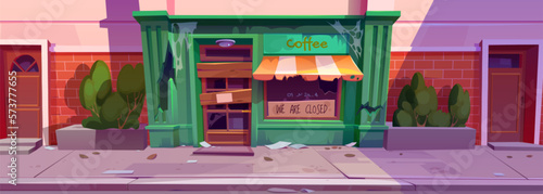 Abandoned vintage cafe exterior cartoon background. Broken door, torn awning and messy sidewalk outside city street view. Bankrupt small retro pub business in town house with brick wall.