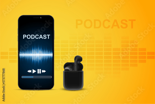 Wireless headphones with smartphone. Online music, radio, listening to podcasts, audio books - concept. EPS10 vector