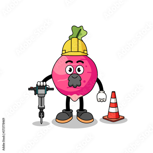 Character cartoon of radish working on road construction