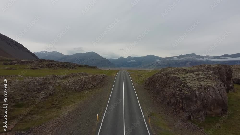 Empty two lane road ahead in Iceland, aerial drone view forward Empty two lane road ahead in Iceland, aerial drone view forward