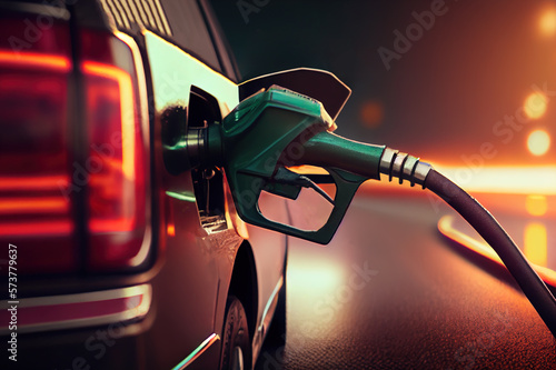 Fotografia close-up filling nozzle at a car gas station. Generative AI