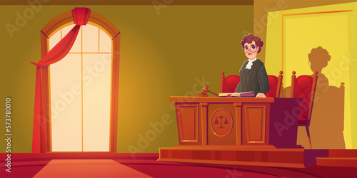 Courtroom interior with female judge standing and holding hammer cartoon background. Vector wood table and red chair furniture near window with curtain in courthouse interior design scene for justice