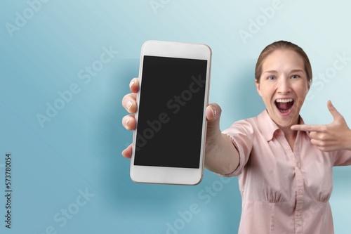 Happy person showing phone with blank screen