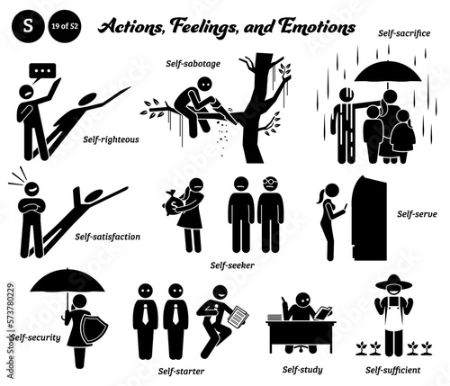 Stick figure human people man action, feelings, and emotions icons alphabet S. Self, righteous, sabotage, sacrifice, satisfaction, seeker, serve, security, starter, study, and sufficient. photo