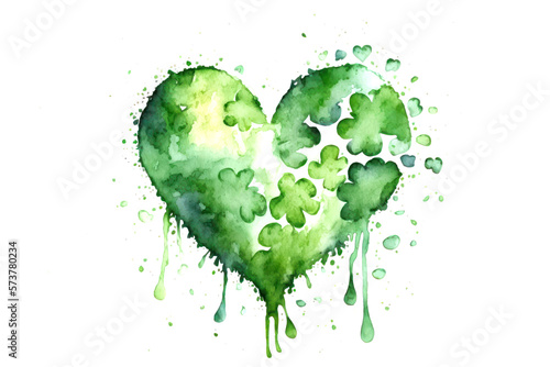 Abstract green watercolor heart. Concept of spring and love for nature.