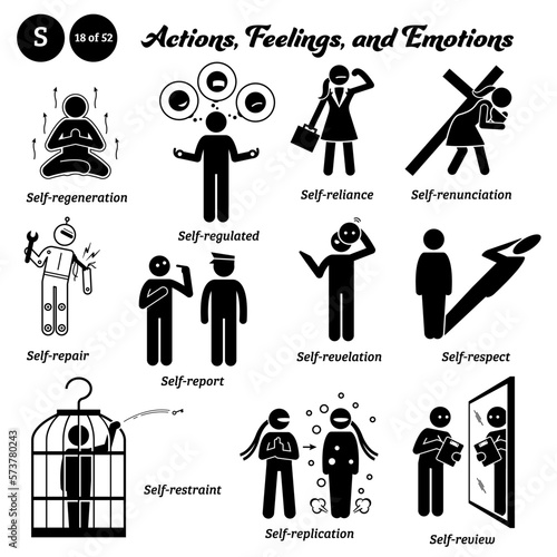 Stick figure human people man action and emotions icons alphabet S. Self, regeneration, regulated, reliance, renunciation, repair, report, revelation, respect, restraint, replication, and review.