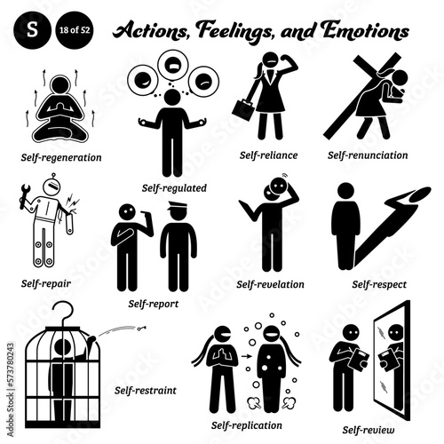 Stick figure human people man action and emotions icons alphabet S. Self, regeneration, regulated, reliance, renunciation, repair, report, revelation, respect, restraint, replication, and review.