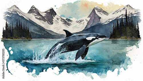 Photography Orca Killer Whale in Alaskan Fjords breaching Watercolor Vibrant Art for postcard or poster