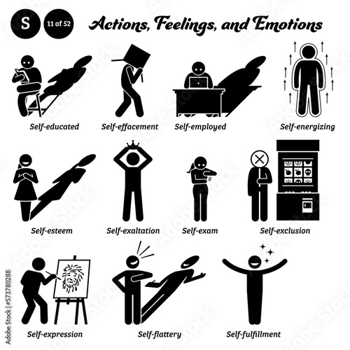 Stick figure human people man action, feelings, and emotions icons alphabet S. Self educated, effacement, employed, energizing, esteem, exaltation, exam, exclusion, expression, flattery, fulfillment. 