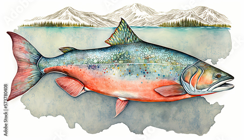 Sockeye Salmon and mountains Alaskan art for Postcards and Prints in Watercolor Style. An illustration created with Generative AI artificial intelligence technology
 photo