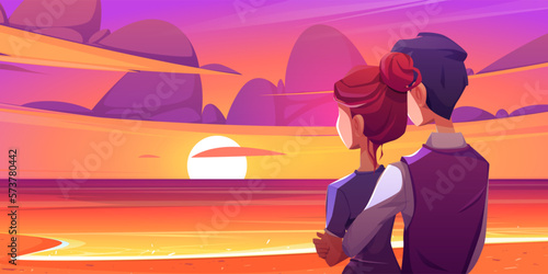 Couple on romantic date on beach at sunset cartoon illustration. Man hug woman on honeymoon and look at sun in sky standing on ocean coast. Young family cuddle. Intimate romance orange landscape.