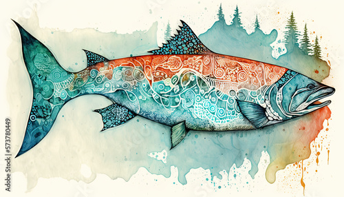 Beautiful Alaskan Salmon Art An illustration created with Generative AI artificial intelligence technology
 photo
