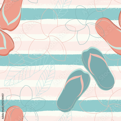 Frangipani, Tiare, Monoi Tropical Flower and Slippers, Flip-Flop Seamless Background for Summer Sticker, Print, Card, Poster, Eco Bag and Garment.