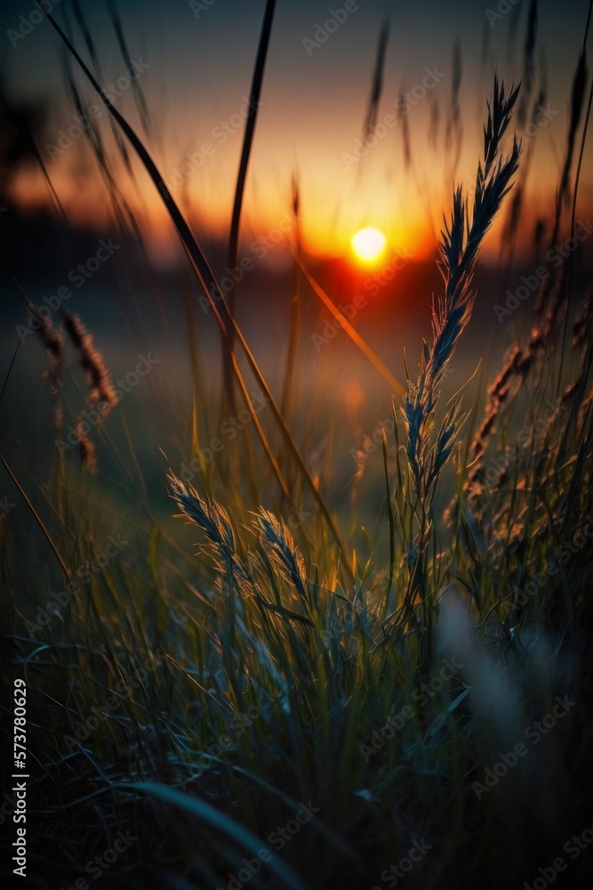 Digital Illustration of Beautiful Nature Scene as the Sun Shines through the Grass, Close-up, Generative AI
