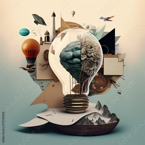 Brainstorm whit new creative ideas, art collage illustration, GENERATIVE AI photo