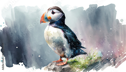 Cute Puffin Watercolor Vibrant Art for postcard or poster. An illustration created with Generative AI artificial intelligence technology
