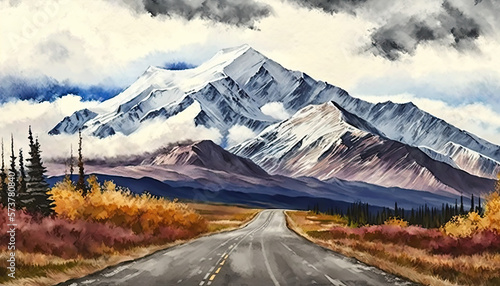 Mountain Road in Denali National Park in remote wilderness of Alaska. An illustration created with Generative AI artificial intelligence technology 