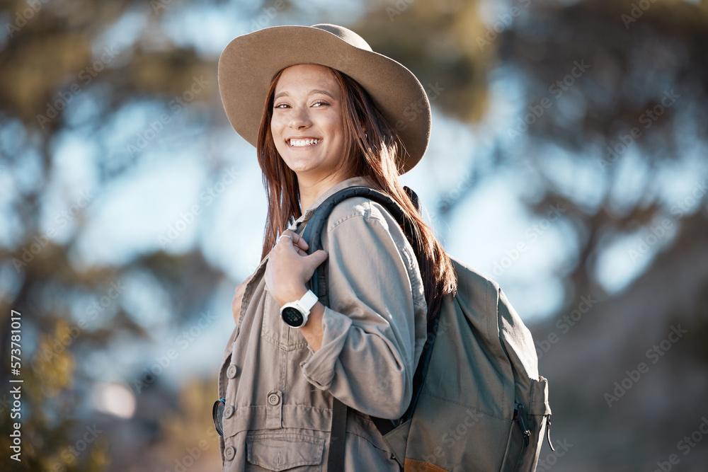 Hiking woman, portrait and smile for adventure, summer and explore forest with backpack, excited and happy. Explorer girl, woods and travel with freedom, nature vacation and holiday for training goal Hiking woman, portrait and smile for adventure, summer and explore forest with backpack, excited and happy. Explorer girl, woods and travel with freedom, nature vacation and holiday for training goal