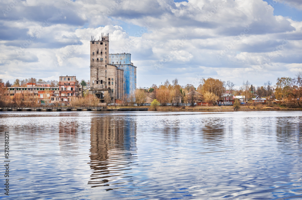 Non-working flour mill, view from the Volga, Kineshma, Ivanovo region