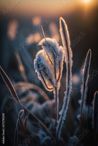 Digital Illustration of Beautiful Nature Scene as the Sun Shines through Frosty Grass, Close-up, Generative AI 