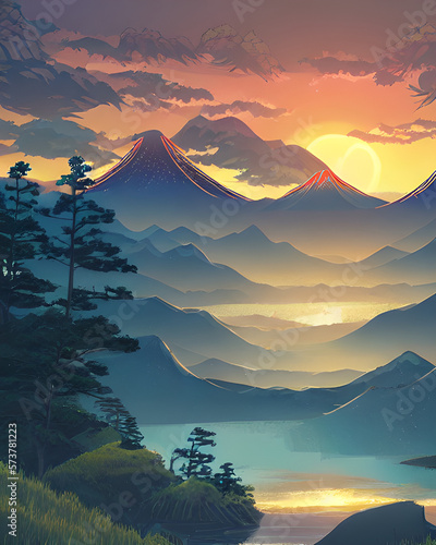  beautiful landscape with mountains and a sunset, generative ai © dea