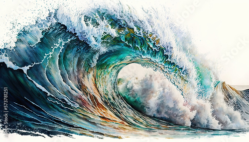 Massive Ocean Barrel Wave Crashing in the Wind in Watercolor. An illustration created with Generative AI artificial intelligence technology
 photo