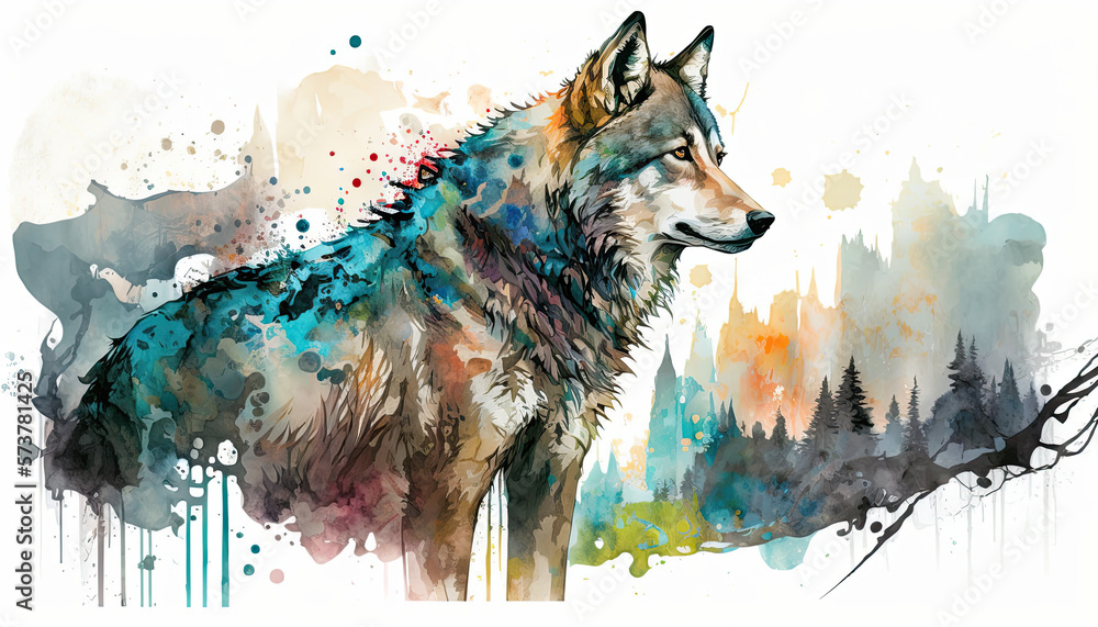 Fototapeta Beautiful Alaskan Wolf, the spirit of the forest in Watercolor illustration created with Generative AI artificial intelligence technology