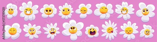 Cartoon set of cute chamomile emoji with different emotions isolated on pink background. Vector illustration of nice white flower characters with happy, smiling, sad, unhappy, scared, surprised faces