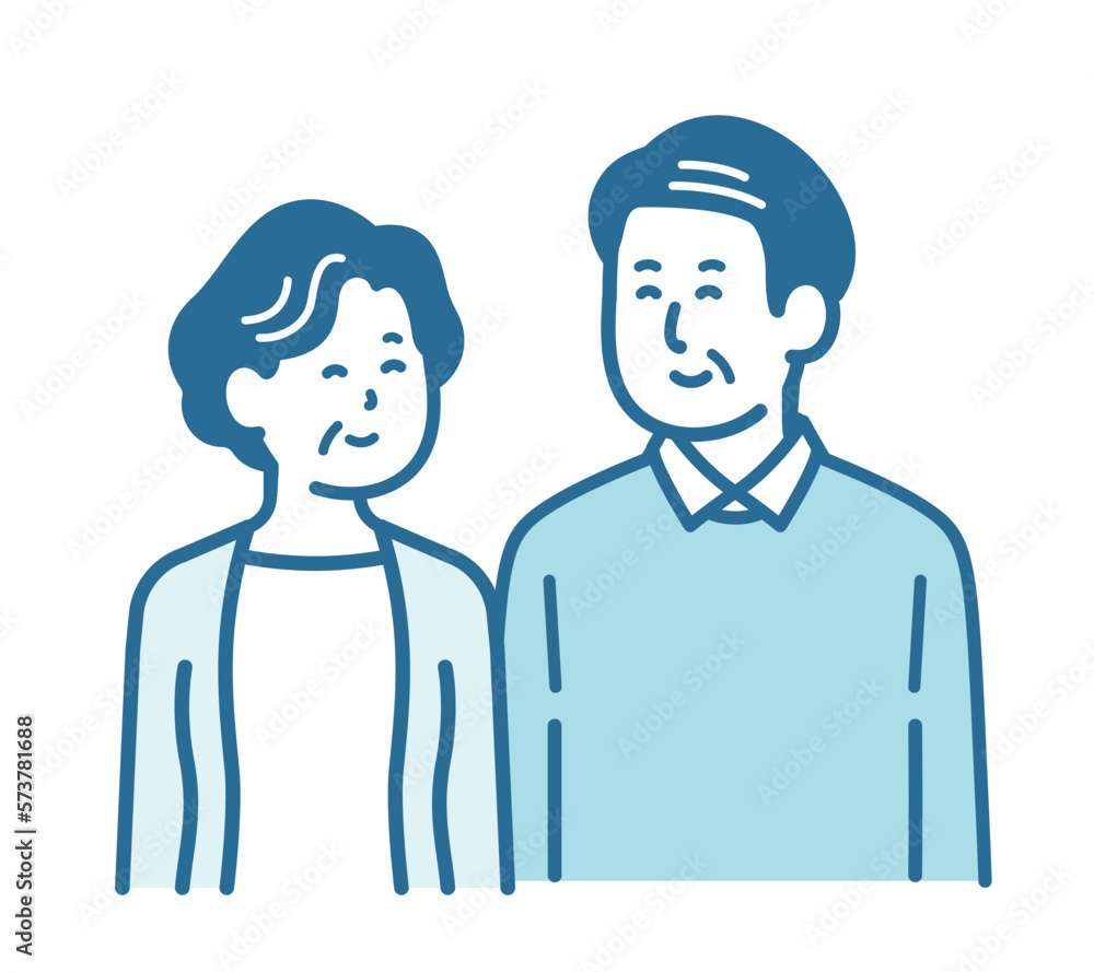 Illustration of an elderly couple snuggling up with a smile Illustration of an elderly couple snuggling up with a smile