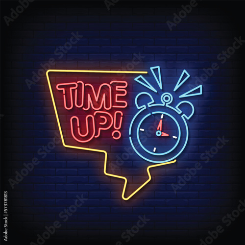 Neon Sign time up with brick wall background vector