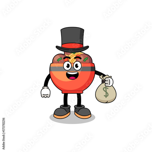 meatball bowl mascot illustration rich man holding a money sack