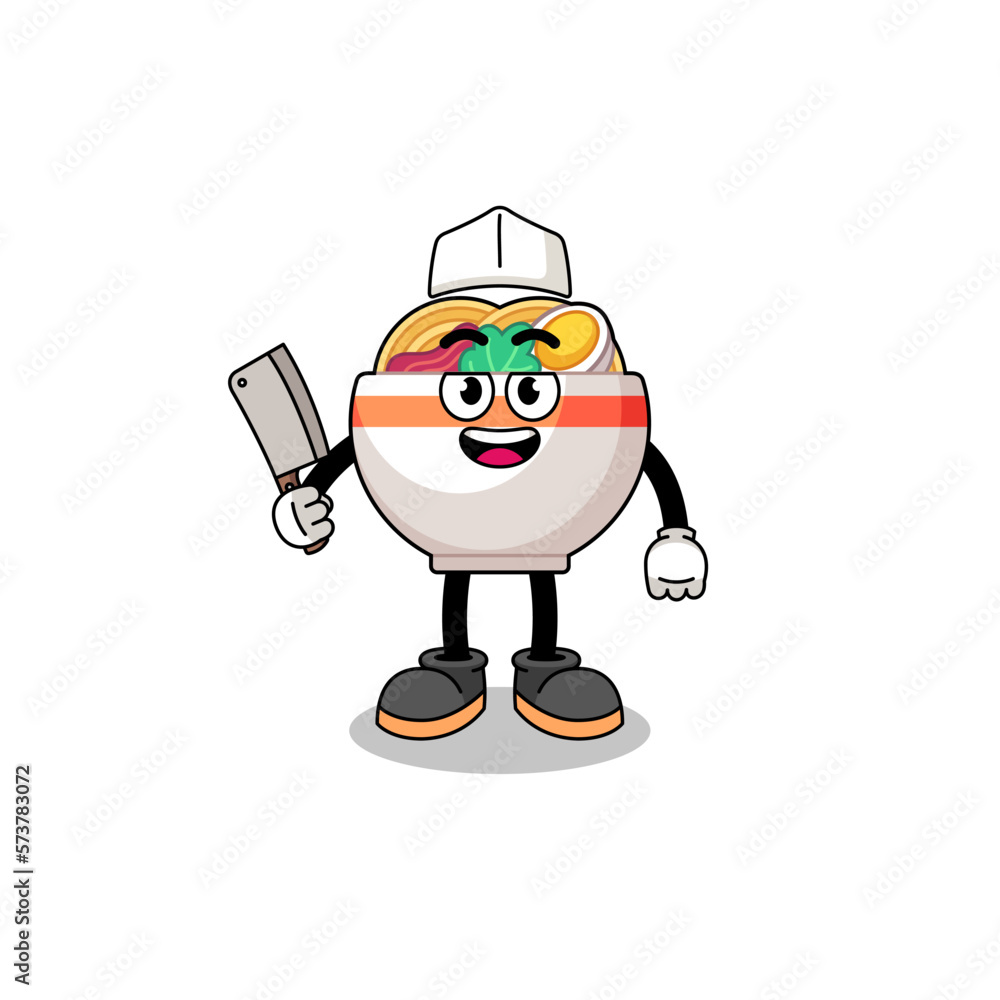 Mascot of noodle bowl as a butcher Mascot of noodle bowl as a butcher