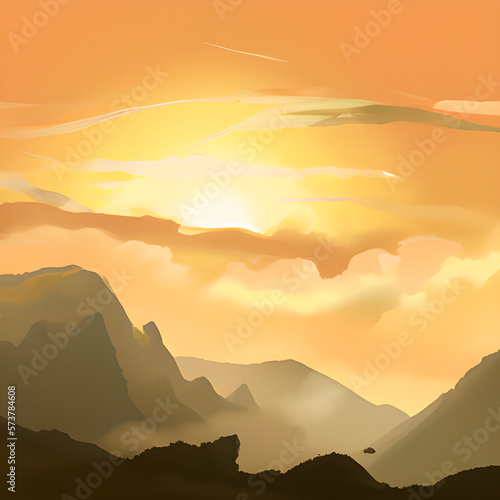 a  beautiful landscape with mountains and a sunset, generative ai