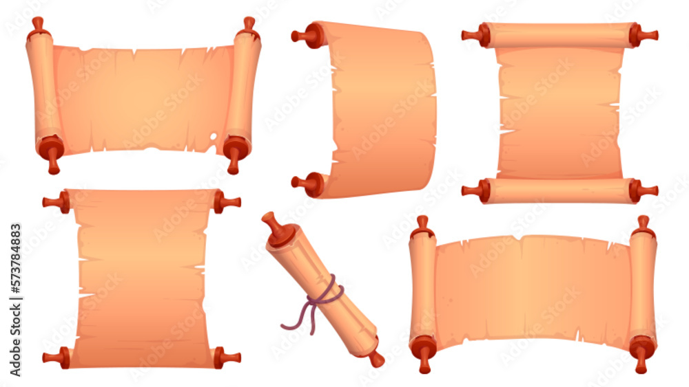Cartoon set of old parchment scrolls isolated on white background. Vector illustration of ancient paper page, papyrus roll, map, medieval letter, announcement, antique manuscript. Vintage document