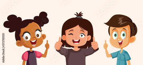 Happy Kids Holding Thumbs up in Ok Sign Vector Cartoon Illustration. Cheerful group of students making ok gesture together
