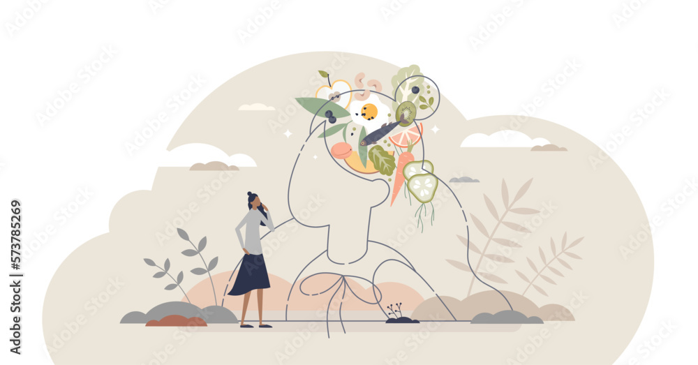 Brain nutrition and food products for your mental health tiny person concept, transparent background. Head with mind performance and benefits for learning or concentration illustration.