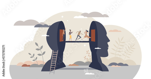 Changing mind thoughts and switch sides for opinion tiny person concept, transparent background. Bipolar behavior and choice confusion as running from head into brains illustration.