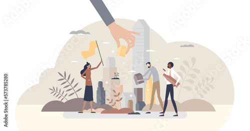 City development as urban building construction or growth tiny person concept, transparent background. Industrial engineering progress and town landscape changes illustration.